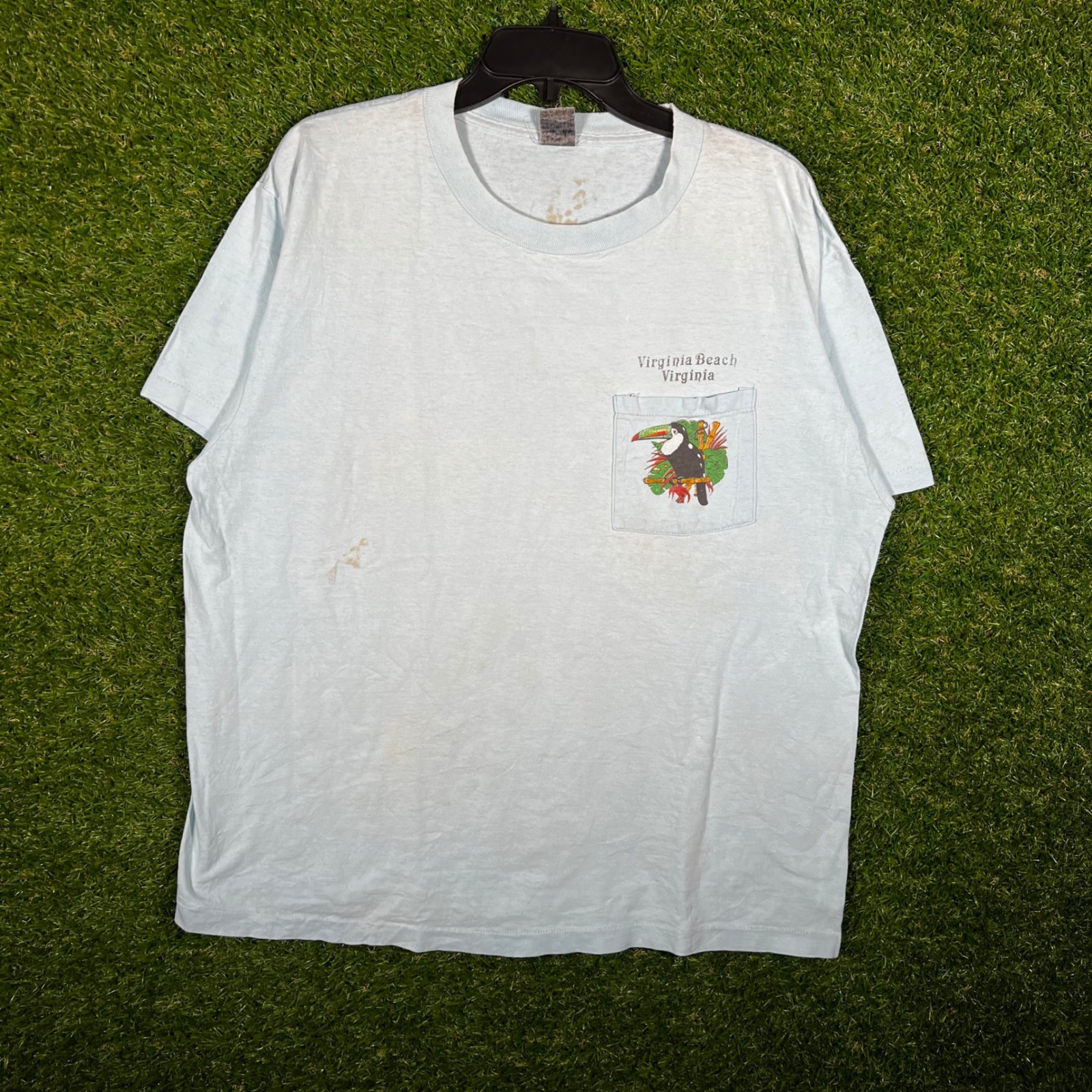 Vintage Virginia Beach Toucan Pocket T Shirt Light Blue Xl 90s Single Stitch